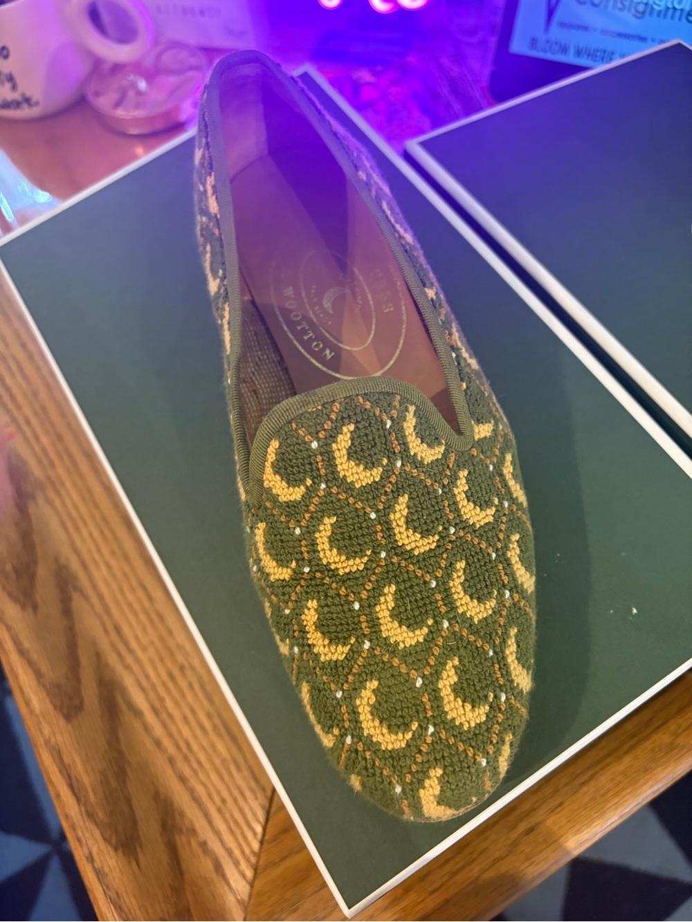 Stubbs & Wootton Olive Green and Gold Needlepoint Loafer